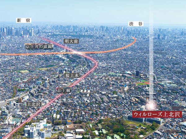 Surrounding environment. 9 minutes to "Shinjuku" station, Minutes 10 to the "Shibuya" station, Excellent access to the city district. (Helicopter shot ※ Which was subjected to a CG processing on aerial photographs of the April 2013 shooting, In fact a slightly different)