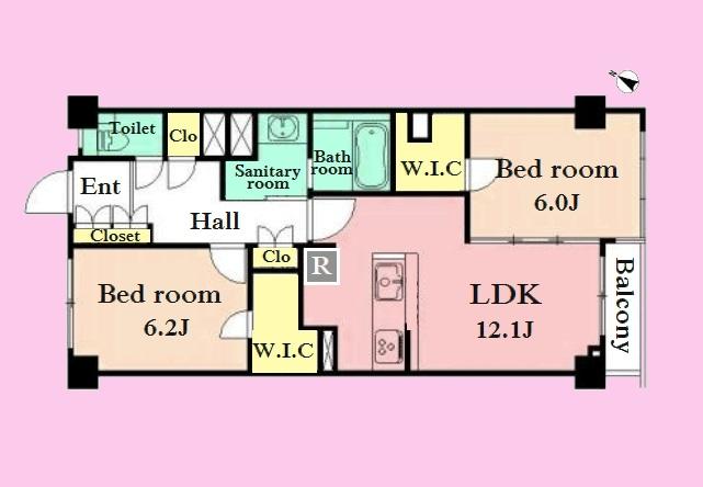 Floor plan. 2LDK, Price 32,800,000 yen, Occupied area 62.37 sq m , Balcony area 2.43 sq m