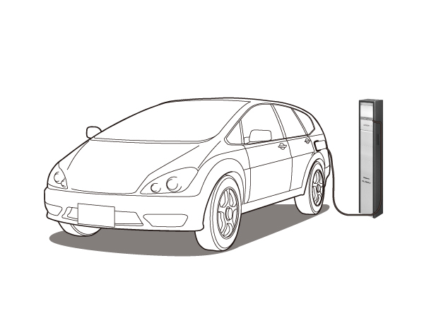 Features of the building.  [Electric vehicle charging facilities] To the plane parking, Eco-friendly "electric car ・ 200V charging outlet the one place for the plug-in hybrid vehicle "(one minute) has been established. (Concept illustration) ※ Available, you may be charged.
