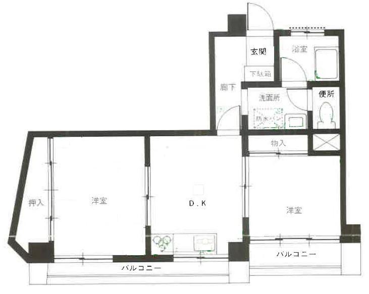 Floor plan. 2DK, Price 19,800,000 yen, Occupied area 38.96 sq m , Balcony area 7.5 sq m