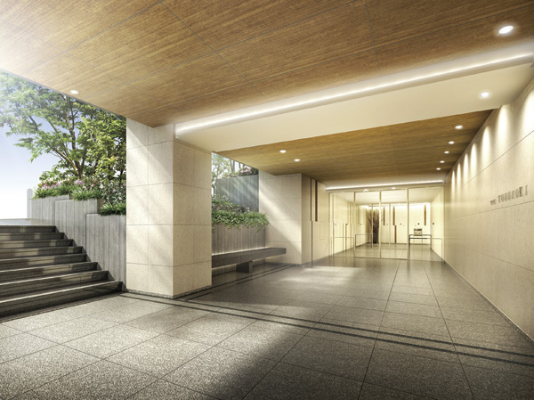 Buildings and facilities. From the pavement to the entrance so that it passes through the green gate. The welcome visitors is, Entrance space using the material of mild lime stone. Past the side of the bench of black Mikage, If Susumere a walk in the building there is, Corridor light is draw a bright look. (Entrance Rendering)