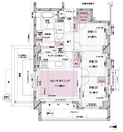 Room and equipment. K type ・ 3LDK + WIC occupied area / 70.07 sq m  Balcony area / 10.86 sq m  Alcove area / 1.35 sq m  Service balcony area / 2.18 sq m  Roof balcony area 4.81 sq m