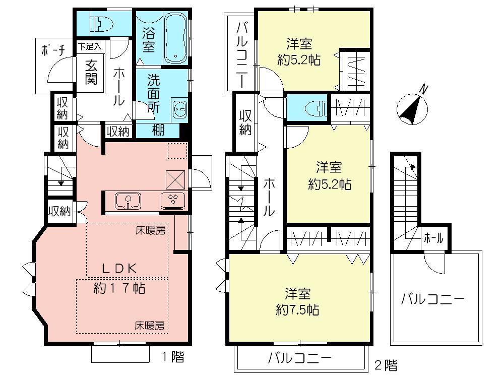 Floor plan. (1 Building), Price 51,800,000 yen, 3LDK, Land area 108.13 sq m , Building area 94.17 sq m