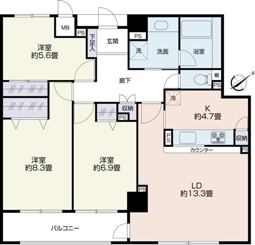 Floor plan. 3LDK, Price 31,800,000 yen, Occupied area 89.02 sq m , Balcony area 7.56 sq m