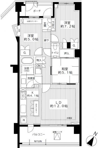 Floor plan. 3LDK, Price 54,800,000 yen, Occupied area 76.35 sq m , Balcony area 13 sq m