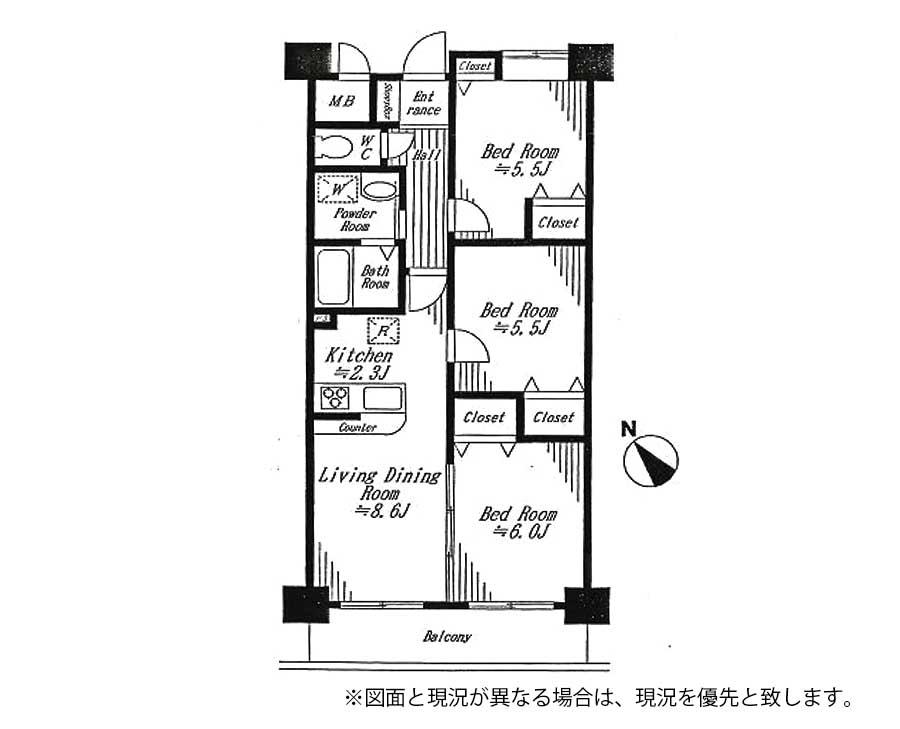 Floor plan. 3LDK, Price 33,980,000 yen, Footprint 59.2 sq m , Balcony area 7.11 sq m