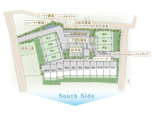 Shared facilities.  [Low-rise residences of the south-facing center] While creating a more south-facing dwelling unit, It has adopted a low-rise building with a profound feeling for the vast site. (Site layout illustration)