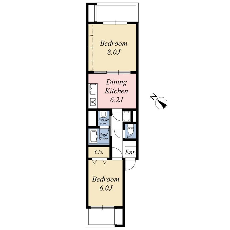 Floor plan. 2DK, Price 20.8 million yen, Occupied area 45.95 sq m , Balcony area 5.72 sq m