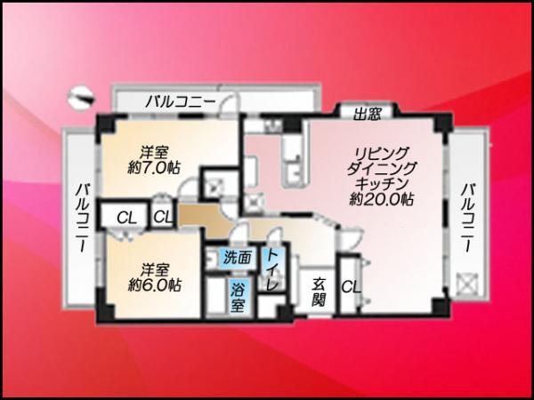 Floor plan. 2LDK, Price 64,800,000 yen, Occupied area 74.97 sq m , Balcony area 19.94 sq m