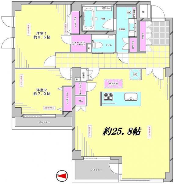 Floor plan. 2LDK, Price 69,800,000 yen, Footprint 100.99 sq m , Balcony area 9.09 sq m