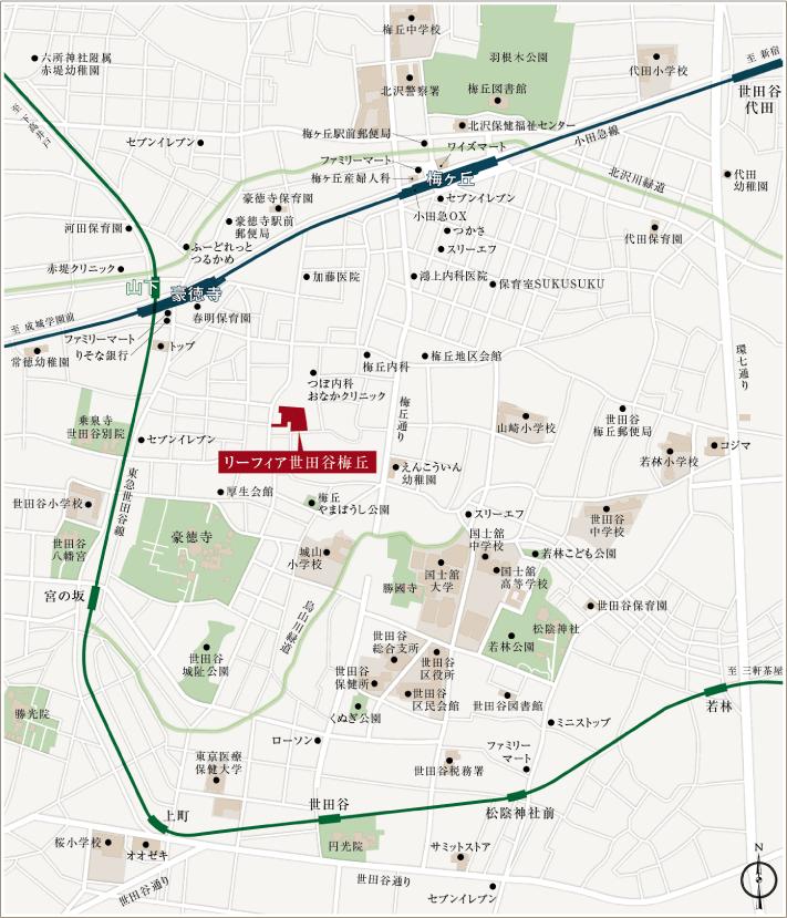 Local guide map. Odakyu line "Gotokuji" Station 7-minute walk, "Umekeoka" station a 10-minute walk, And Tokyu Setagaya Line "Yamashita" station 7-minute walk. In the calm streets, 3 boasts footwork blessed that station 2 routes.