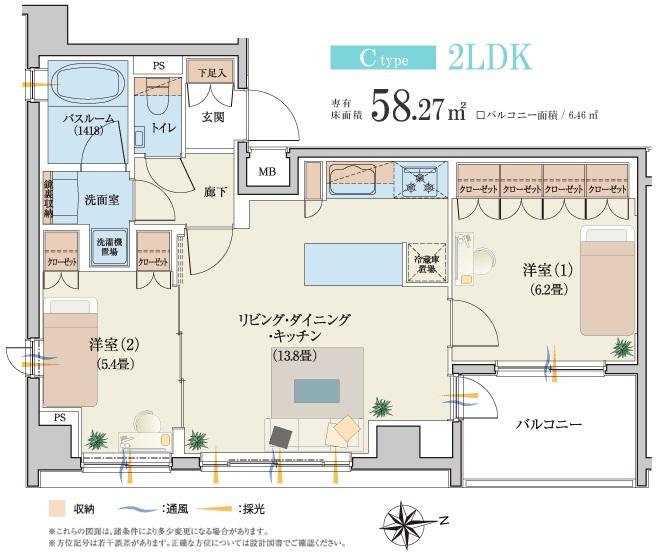 Floor plan. 2LDK, Price 47,500,000 yen, Occupied area 58.27 sq m , Balcony area is 6.46 sq m all Shitsuhigashi facing plan!