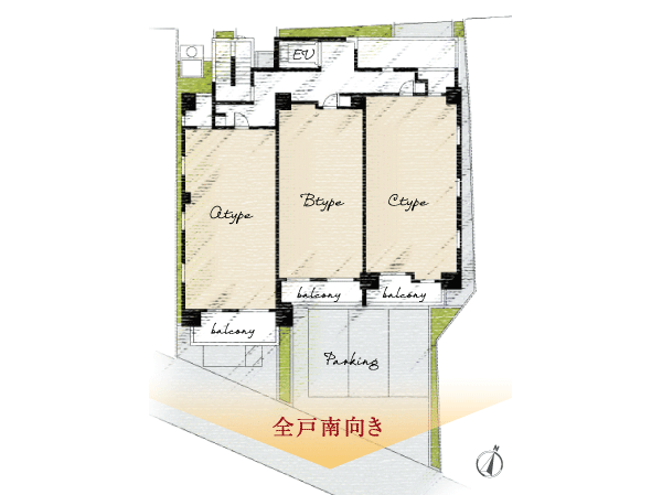 Shared facilities.  [Site conceptual diagram] The entrance door of the door and windbreak room of the entrance hall are both adopted auto door.  Entrance Hall of the calm atmosphere will celebrate gently. By triple security in three places has been consideration to safety. Also, 1 floor 3 units, Adoption of an inner corridor, Residential units are all located on the second floor or higher, Privacy has also been sufficiently secured. Other than, Indoor bicycle storage, Has become a plan in consideration of the ease-of-use refuse storage, etc..