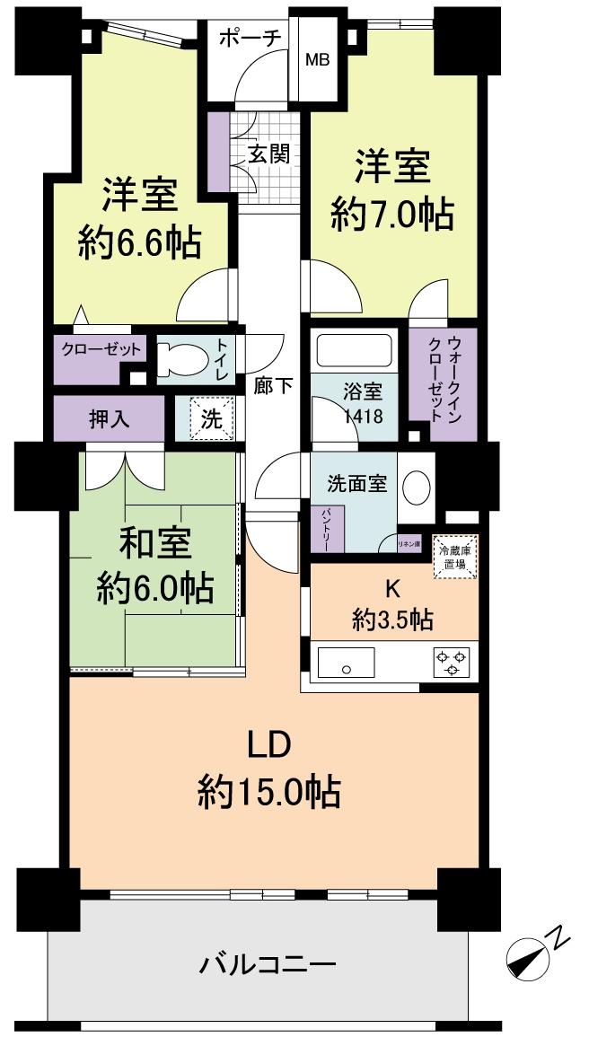 Floor plan. 3LDK, Price 56,800,000 yen, Occupied area 84.77 sq m , Balcony area 12.93 sq m