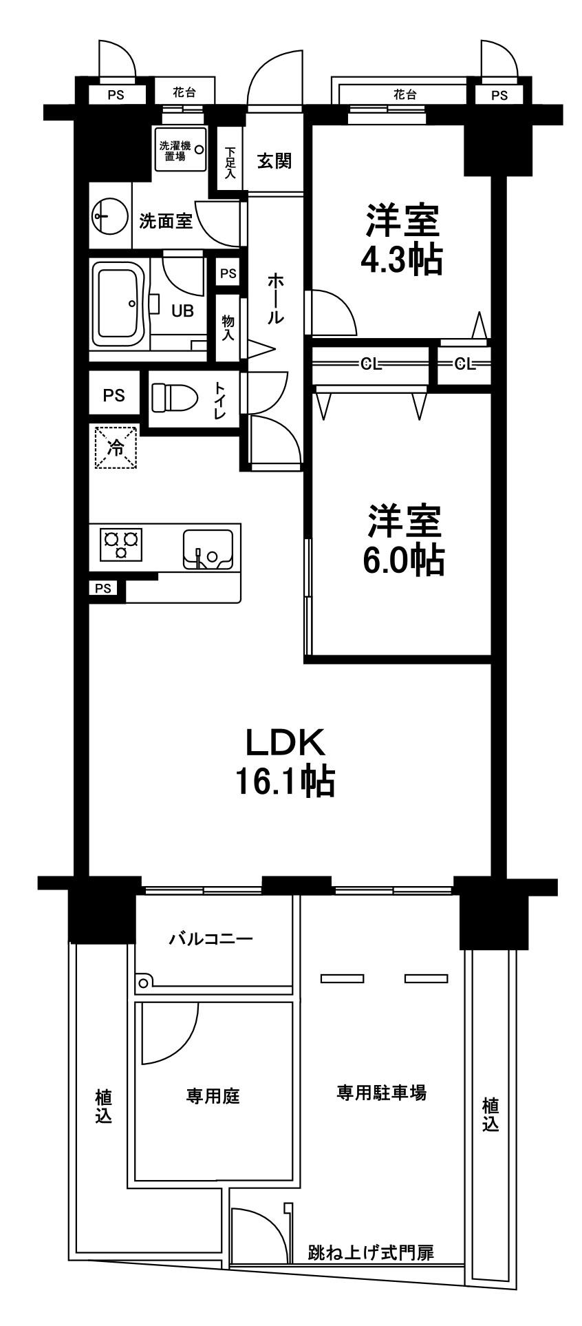 Floor plan. 2LDK, Price 33,800,000 yen, Occupied area 59.16 sq m , A private garden balcony area 3.41 sq m detached sense ・ With private parking