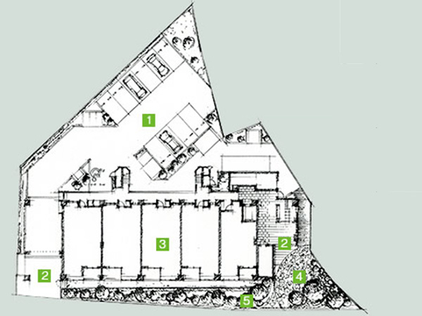 Features of the building.  [Site placement illustrations] (1) flat 置駐 car park (2) step car isolation design (3) all households southwestward (4) approach with a symbol tree (5) rich planting plan