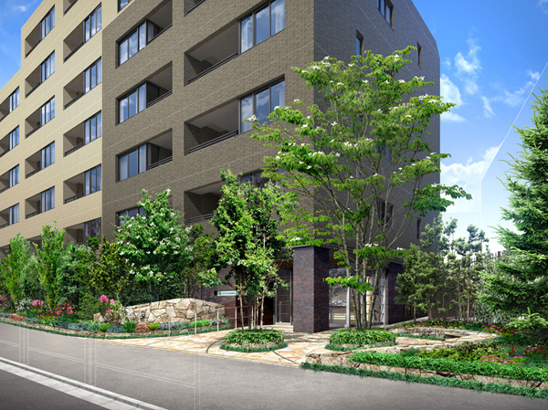 Features of the building.  [Mansion of sophistication and calm, surrounded by green] It provides a high-quality space and time to the people who live there together with the rich planting and serene a dignified appearance facade blend into the cityscape as housing. (Exterior CG)