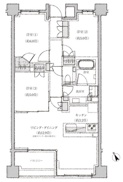 C2 type floor plan: 3LDK + WIC occupied area / 70.63 sq m  Balcony area / 6.08 sq m