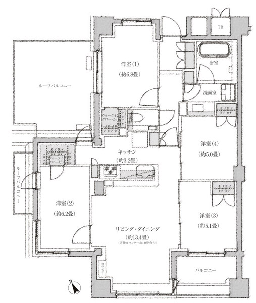 Ir type floor plan: 4LDK + 2WIC footprint / 88.55 sq m  Balcony area / 5.70 sq m  Roof balcony area / 19.34 sq m