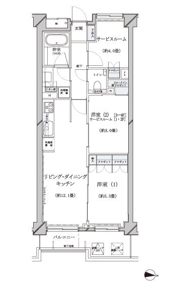 Floor plan. 2LDK+S, Price 54,900,000 yen, Occupied area 59.37 sq m , Balcony area 7.34 sq m