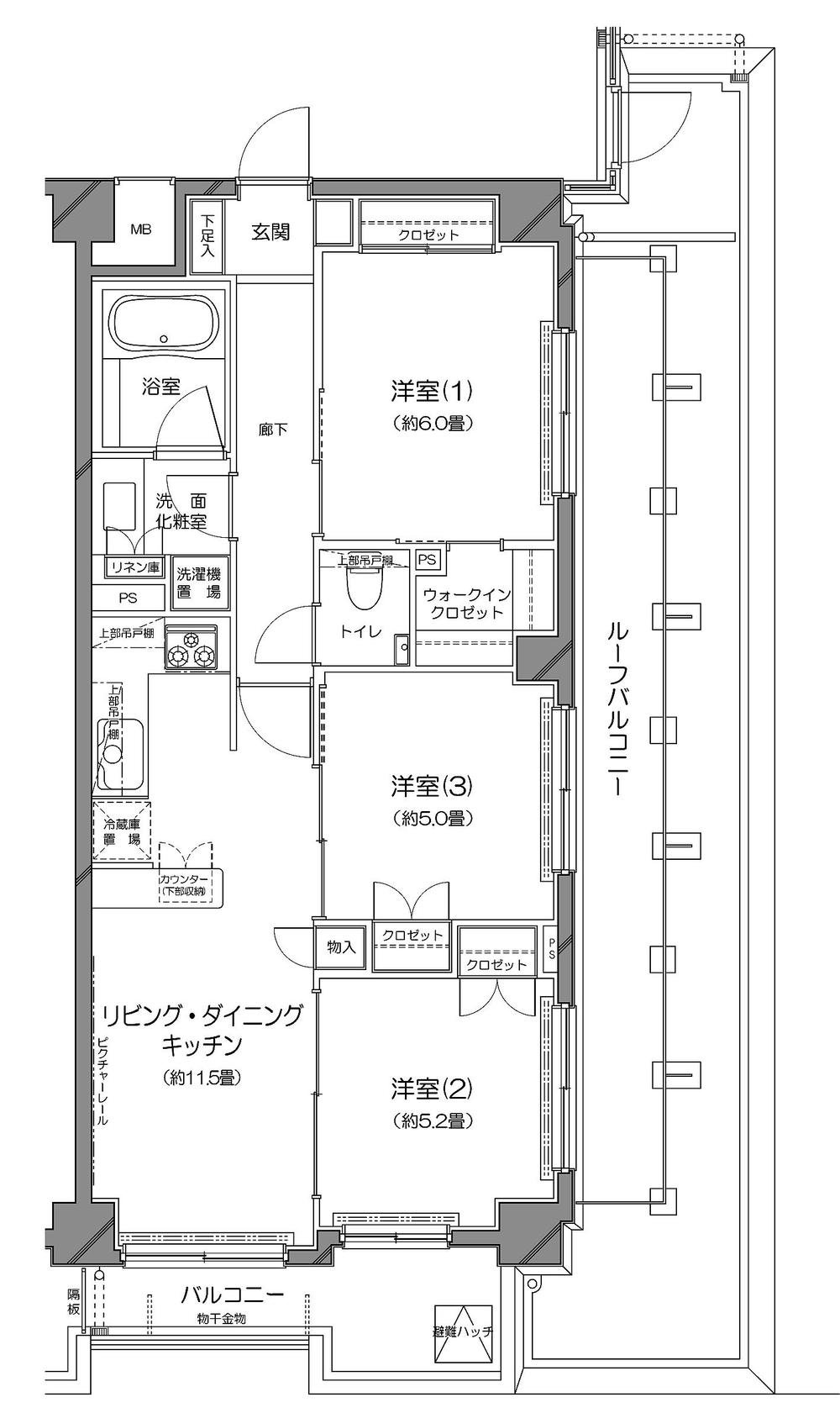 Floor plan. 3LDK, Price 63,900,000 yen, Occupied area 65.17 sq m , Balcony area 6.36 sq m