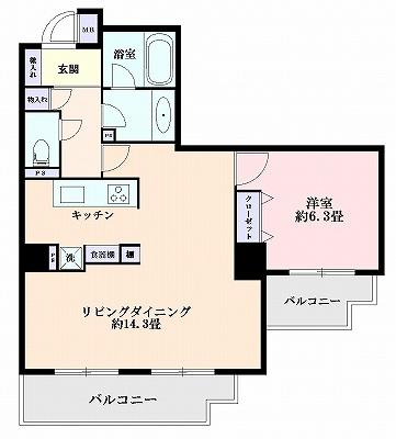 Floor plan. 1LDK, Price 43,800,000 yen, Occupied area 53.88 sq m , Balcony area 10.5 sq m