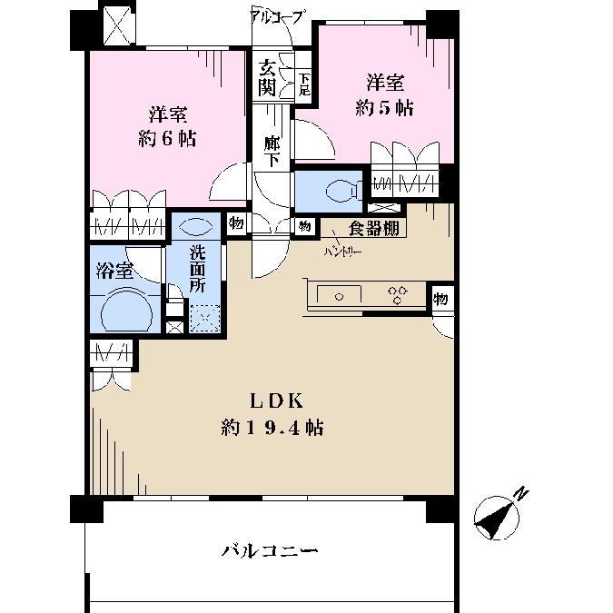 Floor plan. 2LDK, Price 56,900,000 yen, Occupied area 64.04 sq m , Balcony area 14.4 sq m floor plan