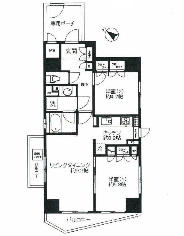 Floor plan. 2LK, Price 39,800,000 yen, Occupied area 56.01 sq m , Balcony area 7.51 sq m