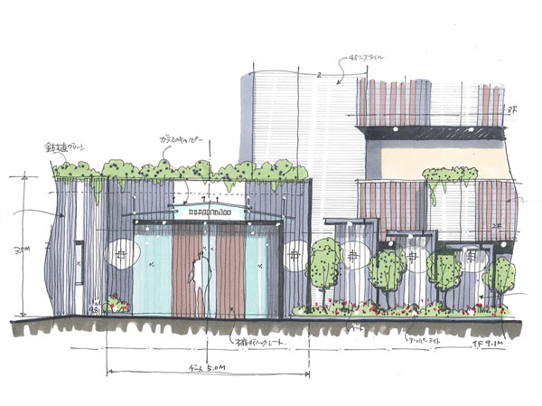 Features of the building.  [Entrance finished in simple modern] Entrance is residence of face, And branch points connecting the city and the house. Unravel the tension of the outside, Where you invite to peace. Here while meeting the pride, Us to leisurely serving mood, Simple modern space. (Entrance Rendering Illustration)