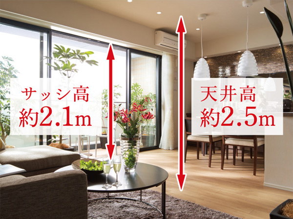 Interior.  [Ceiling height of about 2.5m ・ Sash height about 2.1m] living ・ The ceiling height of the dining has secured about 2.5m. The height of the sash also to ensure about 2.1m, Spacious space bright and we are prepared.  ※ Except for some