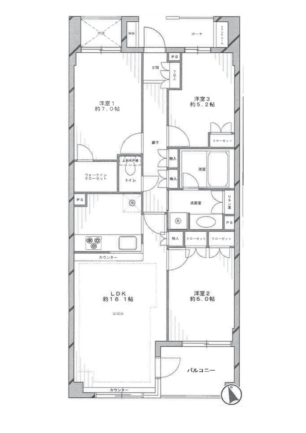 Floor plan. 3LDK, Price 57,800,000 yen, Occupied area 78.42 sq m , On the balcony area 6 sq m southwest, Spacious balcony, Walk-in closet, Easy-to-use face-to-face kitchen LDK and in the loose, It is very livable floor plan.