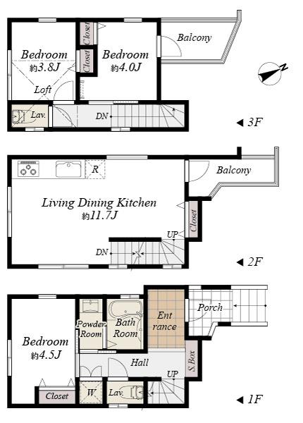 Floor plan. 45,800,000 yen, 3LDK, Land area 41.43 sq m , Building area 63.75 sq m