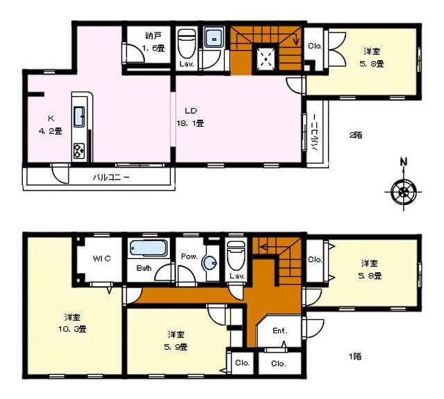 Floor plan. 98 million yen, 4LDK + S (storeroom), Land area 118.85 sq m , Building area 128.58 sq m