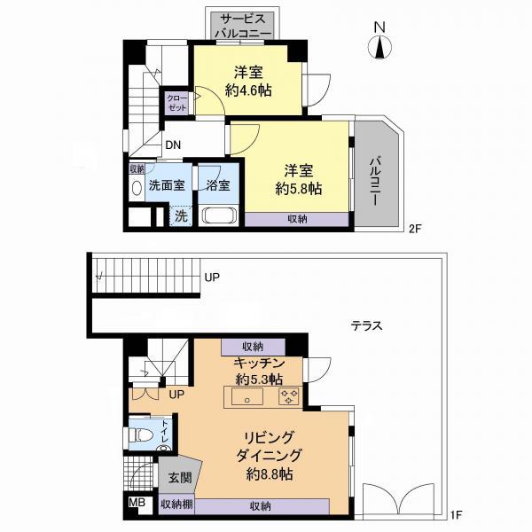 Floor plan. 2LDK, Price 46,800,000 yen, Occupied area 69.24 sq m , Maisonette of balcony area 8.9 sq m detached sense