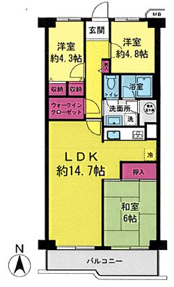 Floor plan. 3LDK, Price 44,800,000 yen, Occupied area 68.81 sq m , Balcony area 8.32 sq m