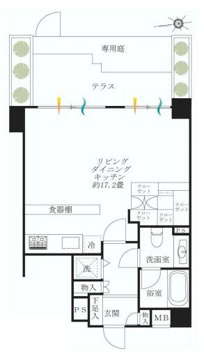 Floor plan. Price 34,500,000 yen, Occupied area 43.39 sq m , Balcony area 15.08 sq m