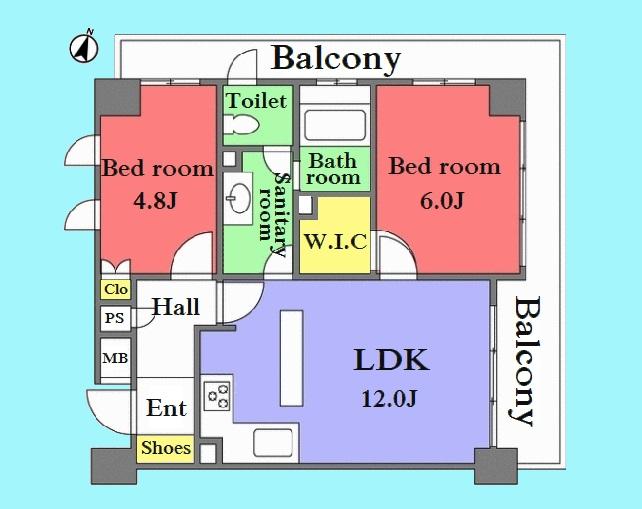 Floor plan. 2LDK, Price 49 million yen, Occupied area 53.15 sq m , Balcony area 15.98 sq m