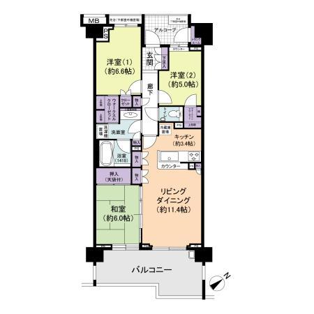 Floor plan. 3LDK, Price 47 million yen, Occupied area 74.78 sq m , Balcony area 14.49 sq m