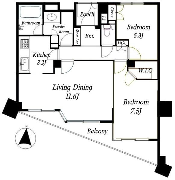 Floor plan. 2LDK, Price 54,800,000 yen, Occupied area 64.04 sq m