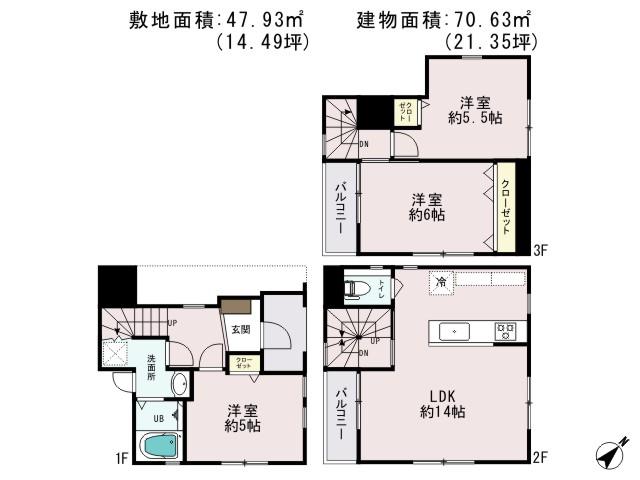 Floor plan. 49,800,000 yen, 3LDK, Land area 47.93 sq m , Building area 70.93 sq m