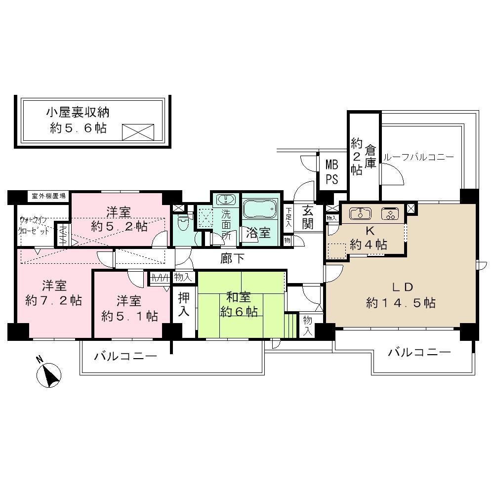 Floor plan. 4LDK + S (storeroom), Price 89 million yen, Footprint 104.46 sq m , Balcony area 19.02 sq m