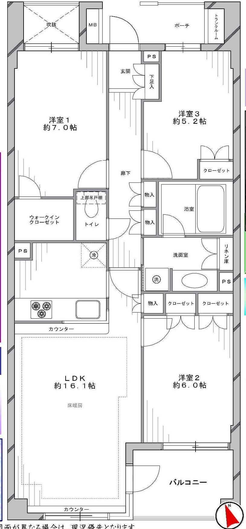 Floor plan. 3LDK, Price 57,800,000 yen, Occupied area 78.42 sq m , Balcony area 6 sq m