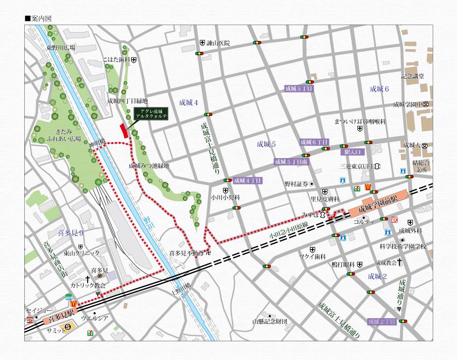 Local guide map. Local guide map: Odakyu line "Seijogakuen before" station, "Kitami" 2 station is accessible station. Nogawa green road, Seijo Mitsuchi green spaces and natural environment rich location. 