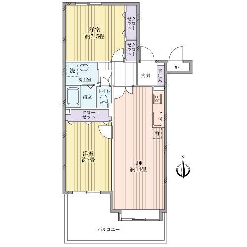 Floor plan. 2LDK, Price 39,200,000 yen, Occupied area 63.12 sq m , Balcony area 13.9 sq m