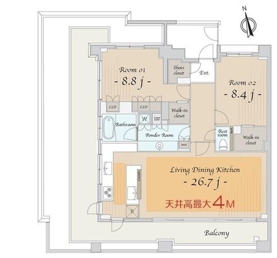 Floor plan. 2LDK, Price 99,800,000 yen, The area occupied 100.8 sq m , Balcony area 20.17 sq m ceiling height has become a floor plan with an open sense of some 4m in the maximum.