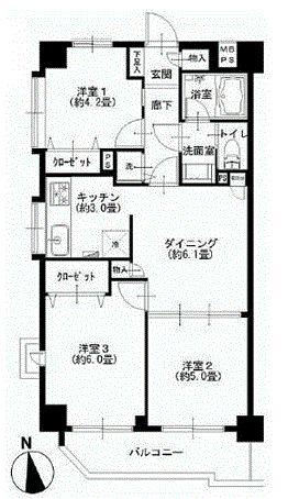 Floor plan. 3DK, Price 36,900,000 yen, Footprint 54 sq m , Balcony area 5.87 sq m