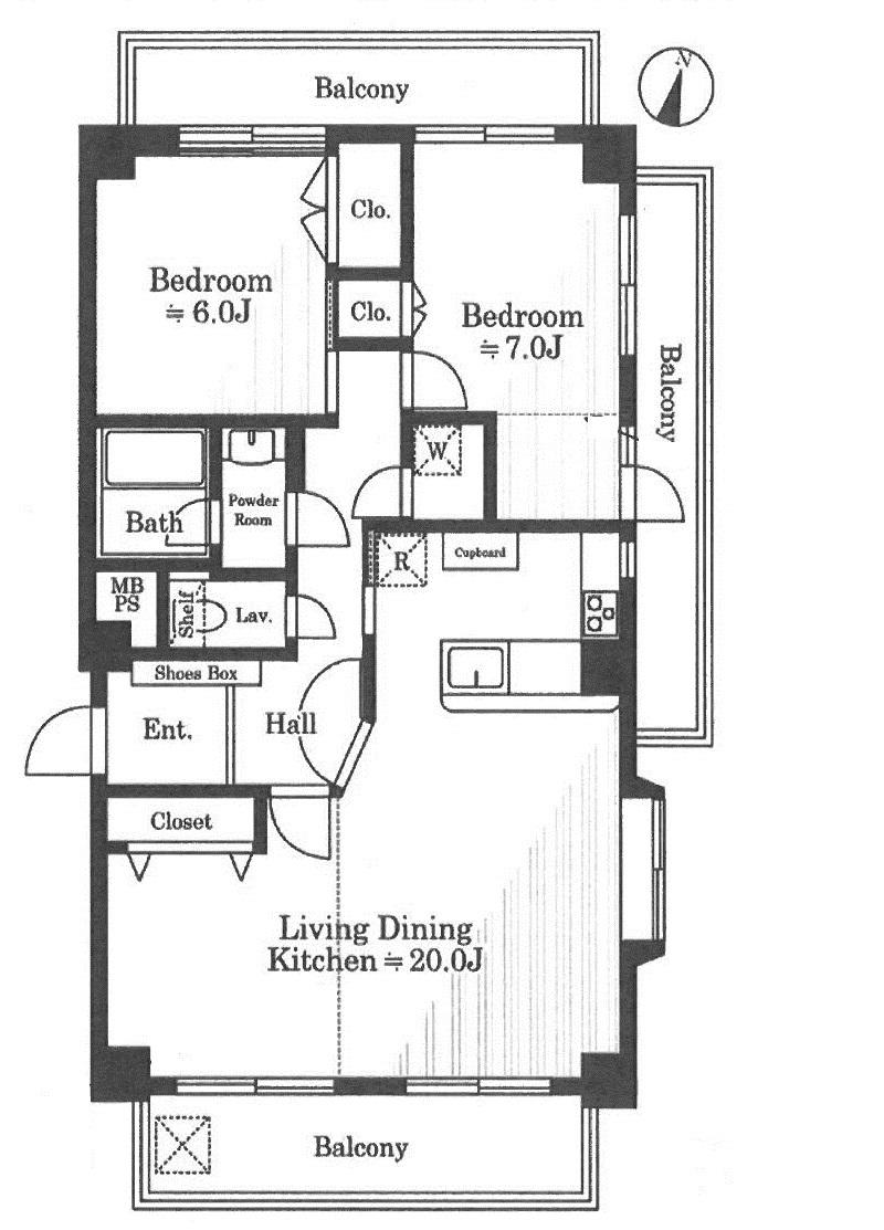 Floor plan. 2LDK, Price 64,800,000 yen, Occupied area 74.97 sq m , Balcony area 19.94 sq m