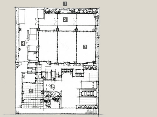 Features of the building.  [South-facing center, Corner dwelling unit rate of about 57% of planning] (1) south-facing 3LDK center (2) dwelling units with a first floor private garden (3) corner dwelling unit rate of about 57% (4) one floor up to 5 House (second floor or more) that are friendly to private property (5) lounge-integrated Entrance