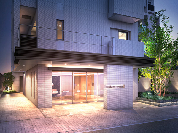 Features of the building.  [Beautiful modern mansion that was a monotone and keynote] Entrance Hall using a transparent glass exudes the image, such as a show window, Simple drifts cosmopolitan atmosphere. (Entrance Rendering CG)