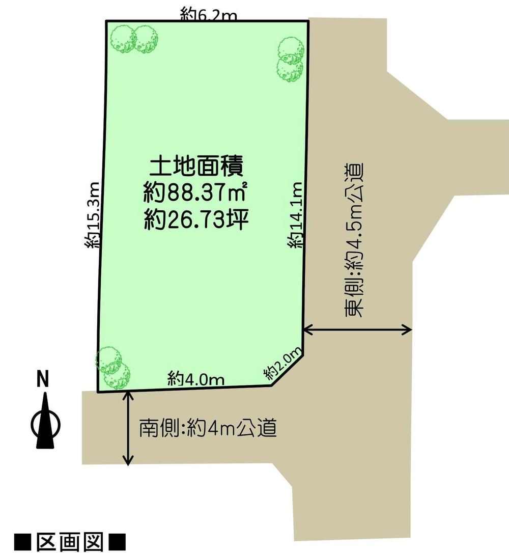 Compartment figure. Land price 54,800,000 yen, Day is also good in the land area 88.37 sq m southeast corner lot! 